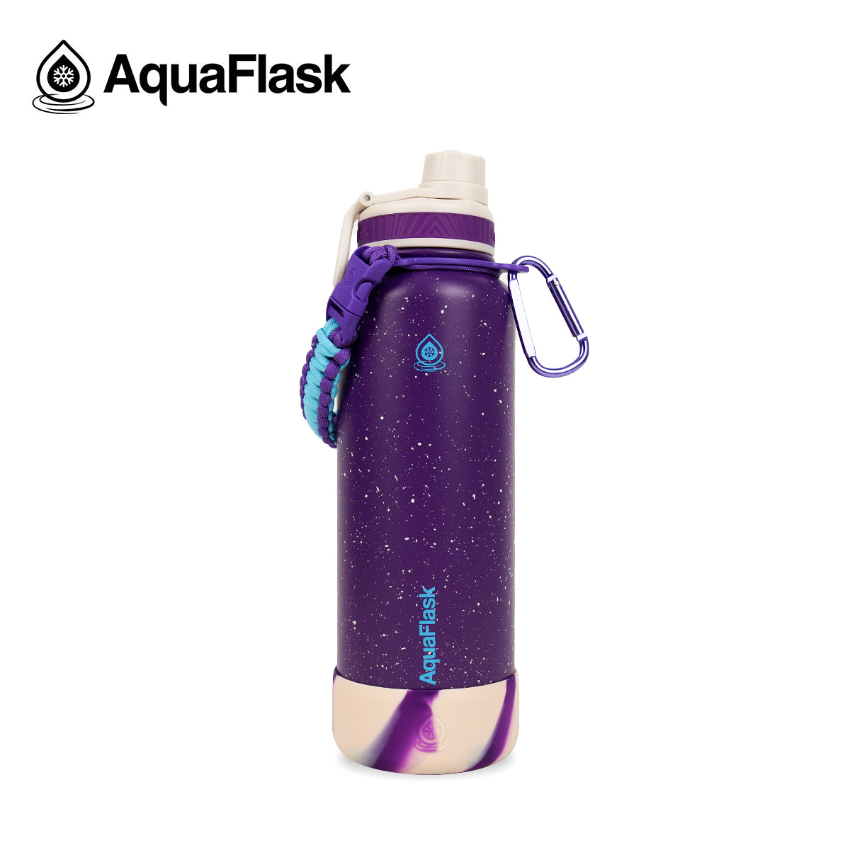 Botella de agua aislada Aquaflask Colorwave en color Callisto, con acabado moteado, tapa de rosca, correa de paracord y mosquetón integrado sobre fondo blanco.