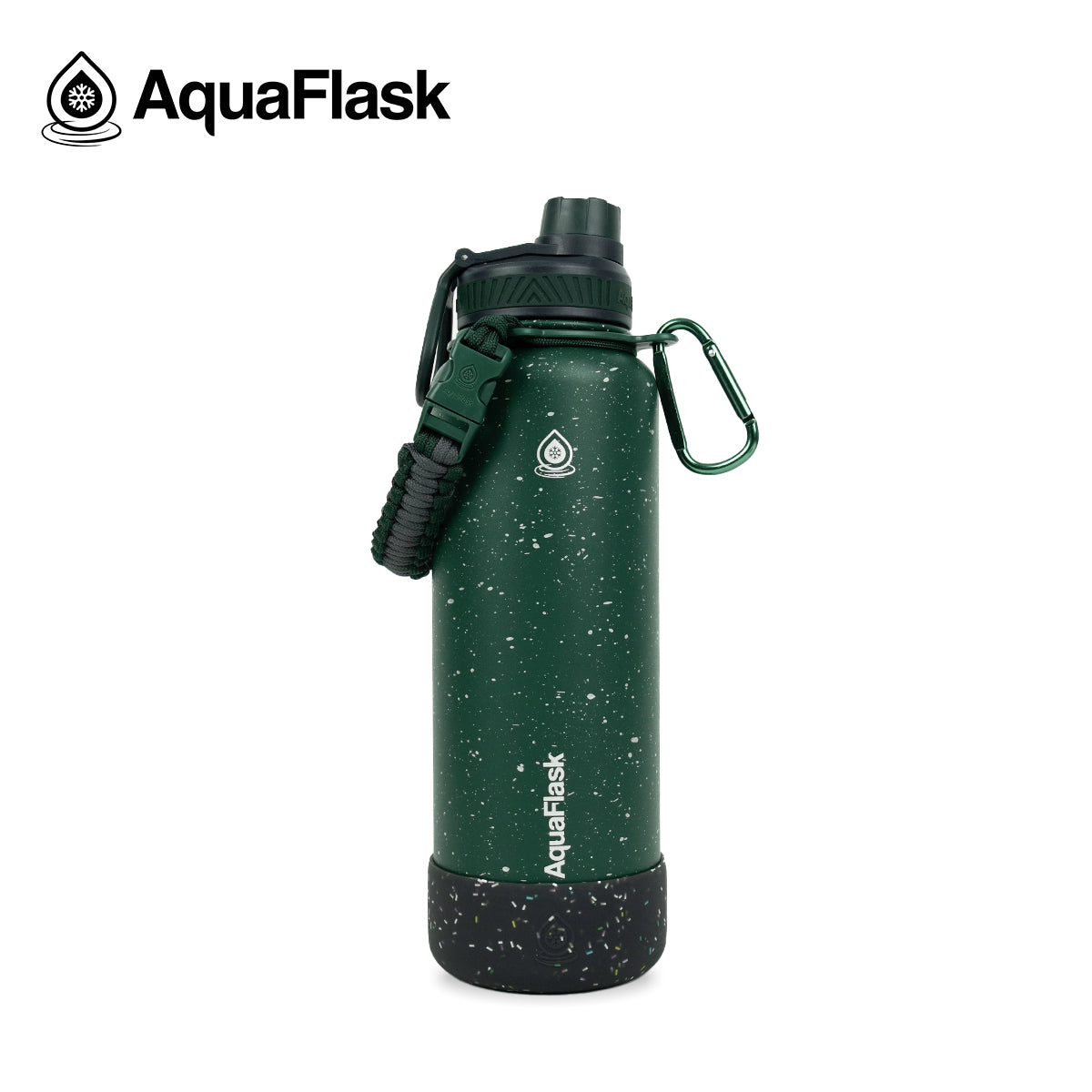 Botella de agua aislada Aquaflask Colorwave en color Atlas, con acabado moteado, tapa de rosca, correa de paracord y mosquetón integrado sobre fondo blanco.