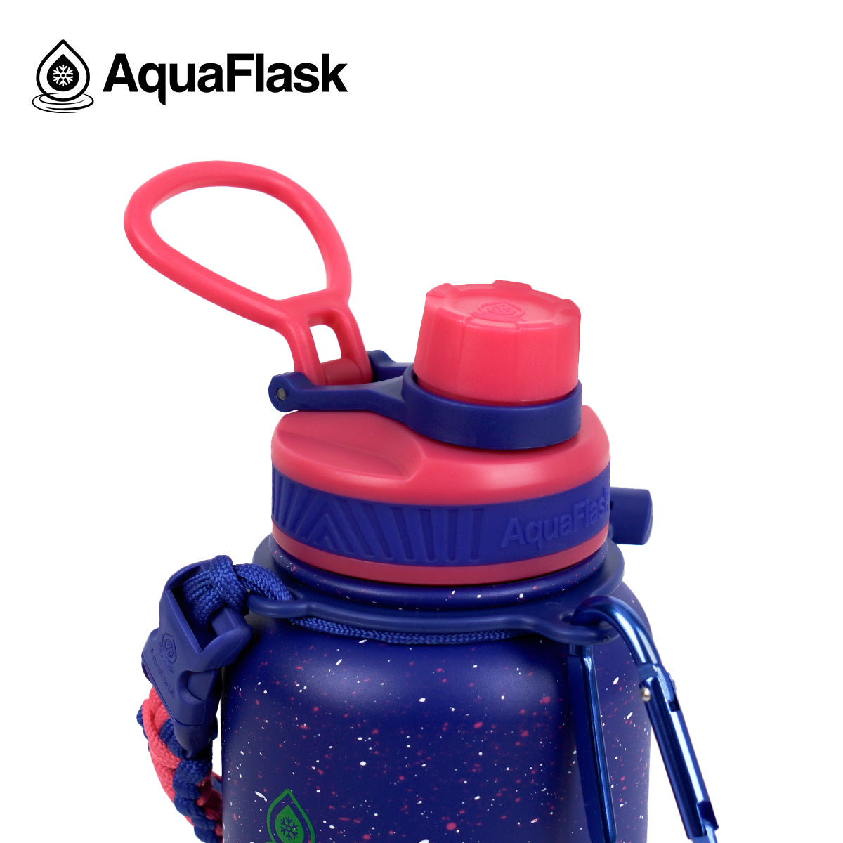 Botella de agua aislada Aquaflask Colorwave en color Orion, con acabado moteado, tapa de rosca, correa de paracord y mosquetón integrado sobre fondo blanco