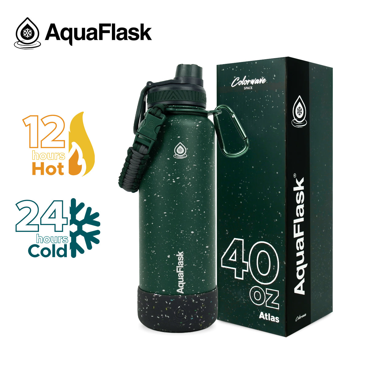 Botella de agua aislada Aquaflask Colorwave en color Atlas, con acabado moteado, tapa de rosca, correa de paracord y mosquetón integrado sobre fondo blanco.