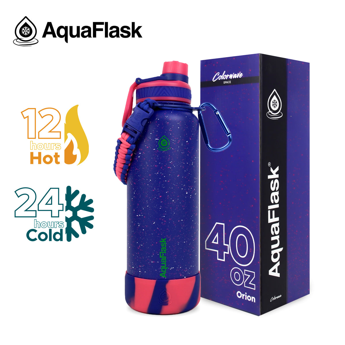 Botella de agua aislada Aquaflask Colorwave en color Orion, con acabado moteado, tapa de rosca, correa de paracord y mosquetón integrado sobre fondo blanco