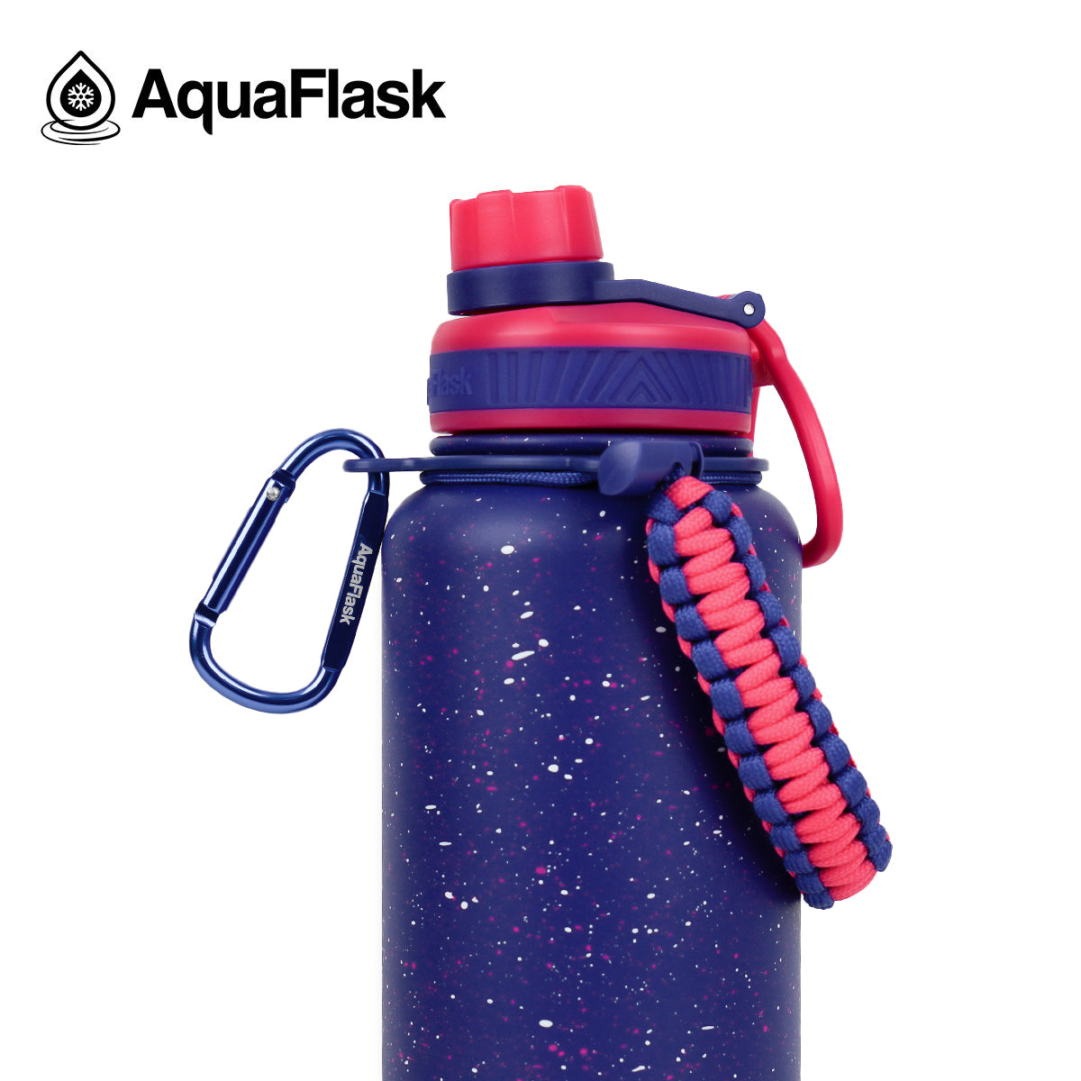 Botella de agua aislada Aquaflask Colorwave en color Orion, con acabado moteado, tapa de rosca, correa de paracord y mosquetón integrado sobre fondo blanco