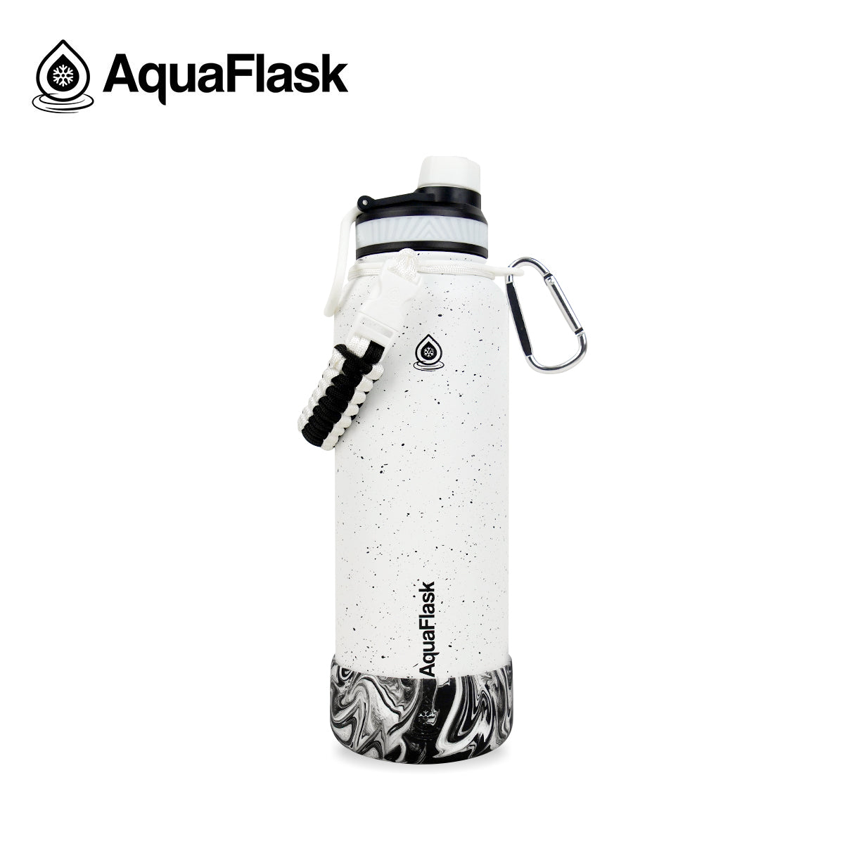 Botella de agua aislada Aquaflask Colorwave en color Hyperion, con acabado moteado, tapa de rosca, correa de paracord y mosquetón integrado sobre fondo blanco.