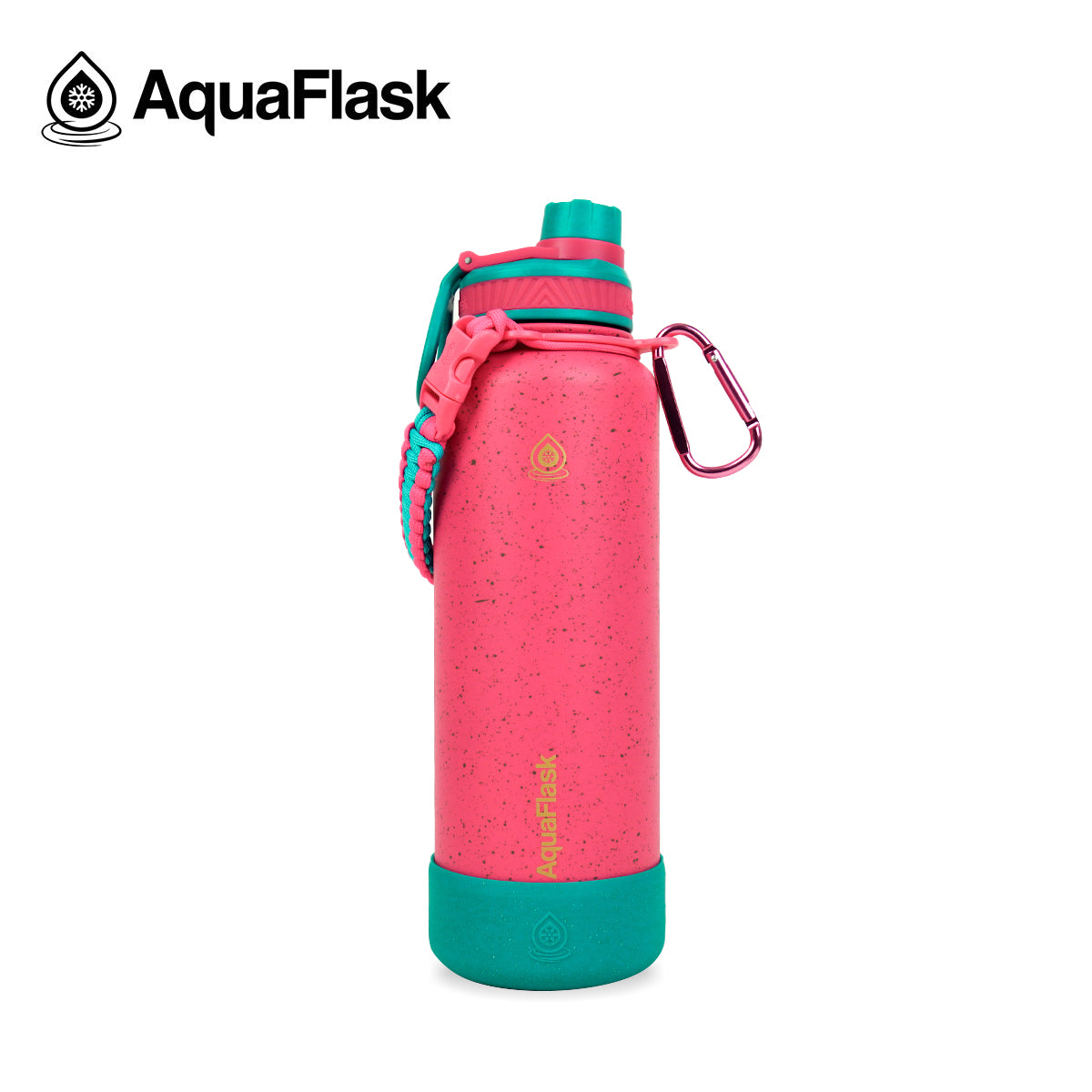 Botella de agua aislada Aquaflask Colorwave en color Nova, con acabado moteado, tapa de rosca, correa de paracord y mosquetón integrado sobre fondo blanco.