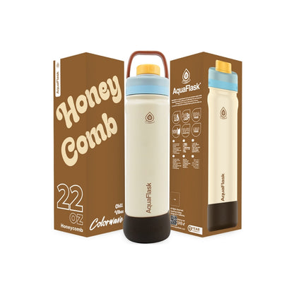 Botella de agua de acero inoxidable con aislamiento de la colección Colorwave de AquaFlask en color Honey Comb, con acabado degradado suave, tapa de rosca con asa de transporte y base de silicona, fotografiada sobre fondo blanco