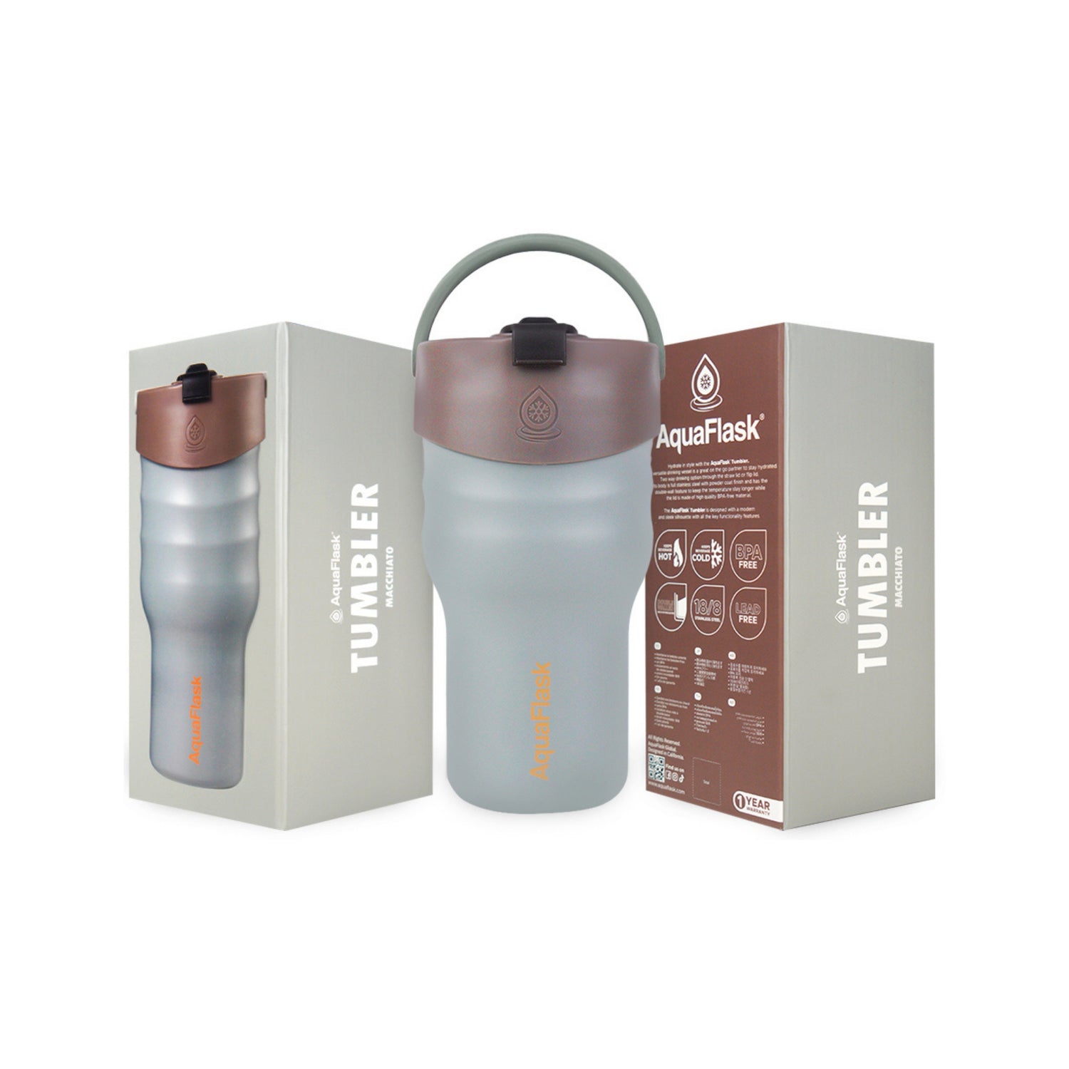 Vaso térmico de acero inoxidable con aislamiento de la colección Tumbler de AquaFlask en color Machiato, con acabado mate, tapa con asa y cuerpo cilíndrico, fotografiado sobre fondo blanco