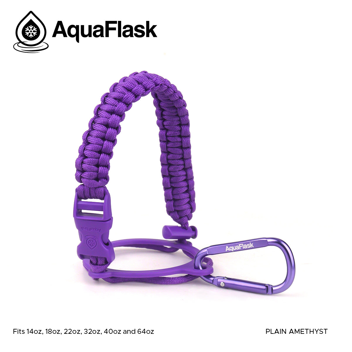 Accesorio de asa de paracord Aquaflask presentado sobre un fondo blanco con el logotipo de Aquaflask. El accesorio está fabricado con paracord firmemente tejido que forma un asa corta. Incluye una hebilla plástica de liberación lateral, un lazo ajustable que se coloca alrededor del cuello de la botella y un mosquetón metálico negro para su sujeción. El producto está etiquetado como compatible con botellas Aquaflask de 14 oz, 18 oz, 22 oz, 32 oz, 40 oz y 64 oz.