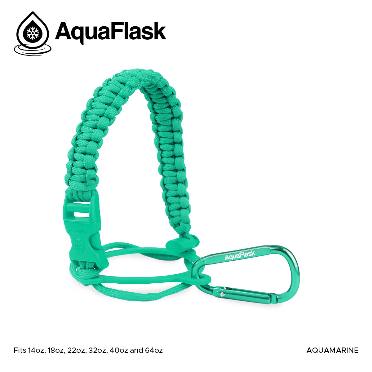 Accesorio de asa de paracord Aquaflask presentado sobre un fondo blanco con el logotipo de Aquaflask. El accesorio está fabricado con paracord firmemente tejido que forma un asa corta. Incluye una hebilla plástica de liberación lateral, un lazo ajustable que se coloca alrededor del cuello de la botella y un mosquetón metálico negro para su sujeción. El producto está etiquetado como compatible con botellas Aquaflask de 14 oz, 18 oz, 22 oz, 32 oz, 40 oz y 64 oz.