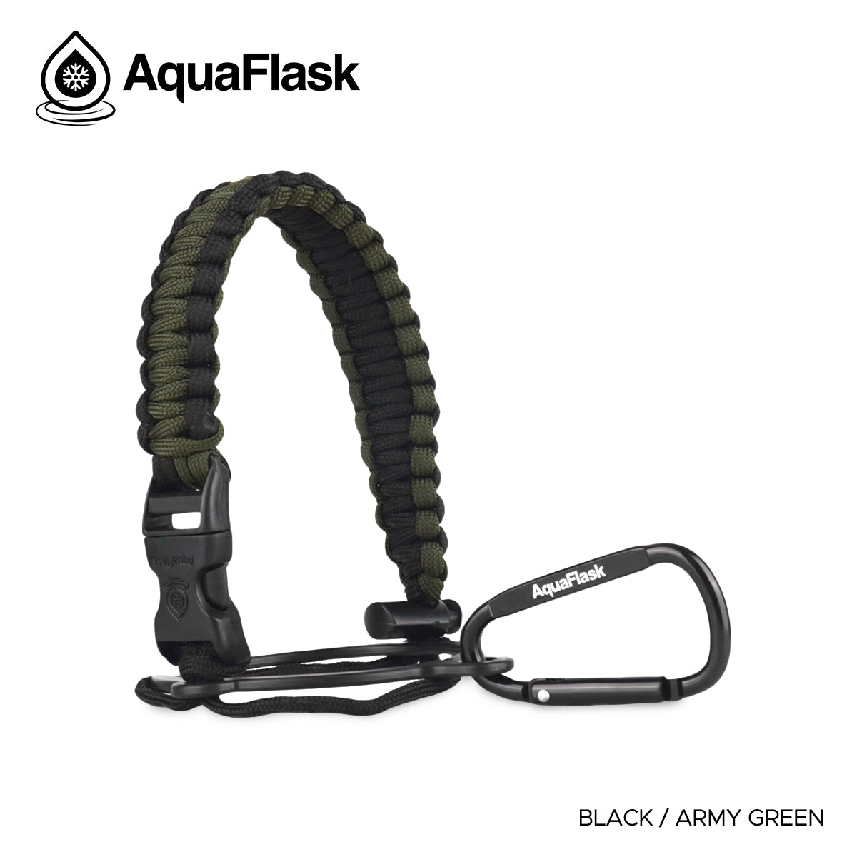 Accesorio de asa de paracord Aquaflask presentado sobre un fondo blanco con el logotipo de Aquaflask. El accesorio está fabricado con paracord firmemente tejido que forma un asa corta. Incluye una hebilla plástica de liberación lateral, un lazo ajustable que se coloca alrededor del cuello de la botella y un mosquetón metálico negro para su sujeción. El producto está etiquetado como compatible con botellas Aquaflask de 14 oz, 18 oz, 22 oz, 32 oz, 40 oz y 64 oz.