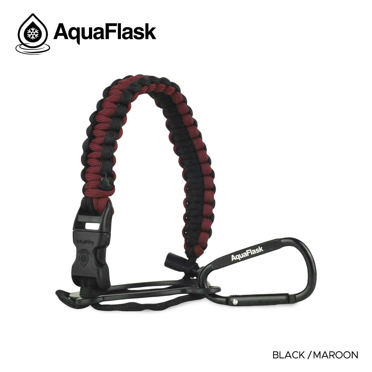 Accesorio de asa de paracord Aquaflask presentado sobre un fondo blanco con el logotipo de Aquaflask. El accesorio está fabricado con paracord firmemente tejido que forma un asa corta. Incluye una hebilla plástica de liberación lateral, un lazo ajustable que se coloca alrededor del cuello de la botella y un mosquetón metálico negro para su sujeción. El producto está etiquetado como compatible con botellas Aquaflask de 14 oz, 18 oz, 22 oz, 32 oz, 40 oz y 64 oz.