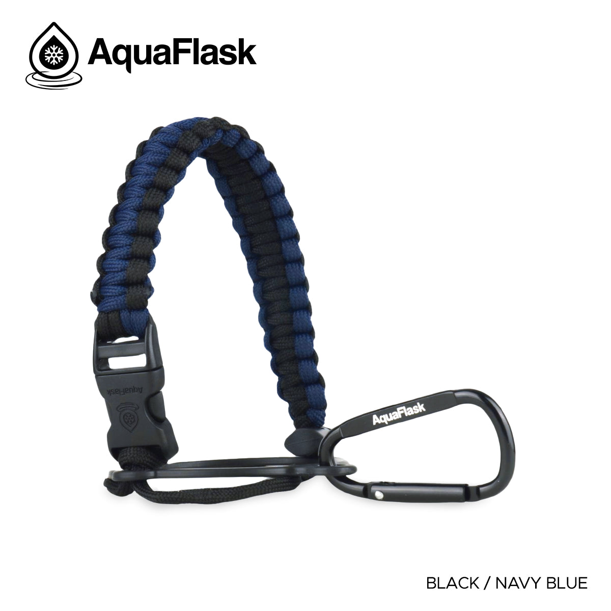 Accesorio de asa de paracord Aquaflask presentado sobre un fondo blanco con el logotipo de Aquaflask. El accesorio está fabricado con paracord firmemente tejido que forma un asa corta. Incluye una hebilla plástica de liberación lateral, un lazo ajustable que se coloca alrededor del cuello de la botella y un mosquetón metálico negro para su sujeción. El producto está etiquetado como compatible con botellas Aquaflask de 14 oz, 18 oz, 22 oz, 32 oz, 40 oz y 64 oz.
