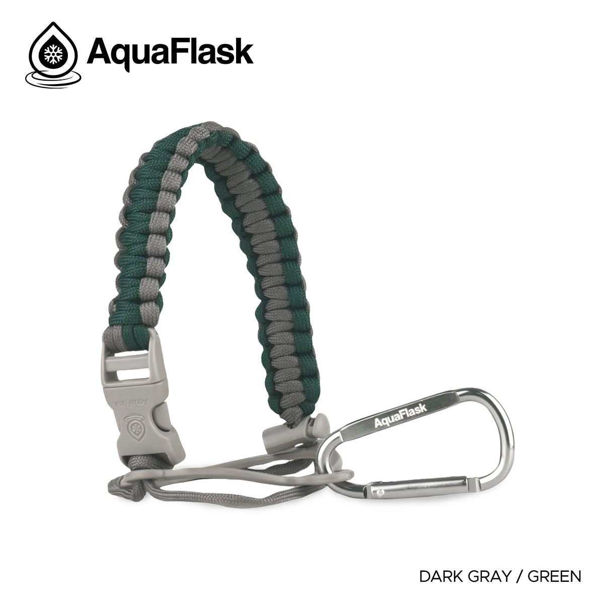 Accesorio de asa de paracord Aquaflask presentado sobre un fondo blanco con el logotipo de Aquaflask. El accesorio está fabricado con paracord firmemente tejido que forma un asa corta. Incluye una hebilla plástica de liberación lateral, un lazo ajustable que se coloca alrededor del cuello de la botella y un mosquetón metálico negro para su sujeción. El producto está etiquetado como compatible con botellas Aquaflask de 14 oz, 18 oz, 22 oz, 32 oz, 40 oz y 64 oz.