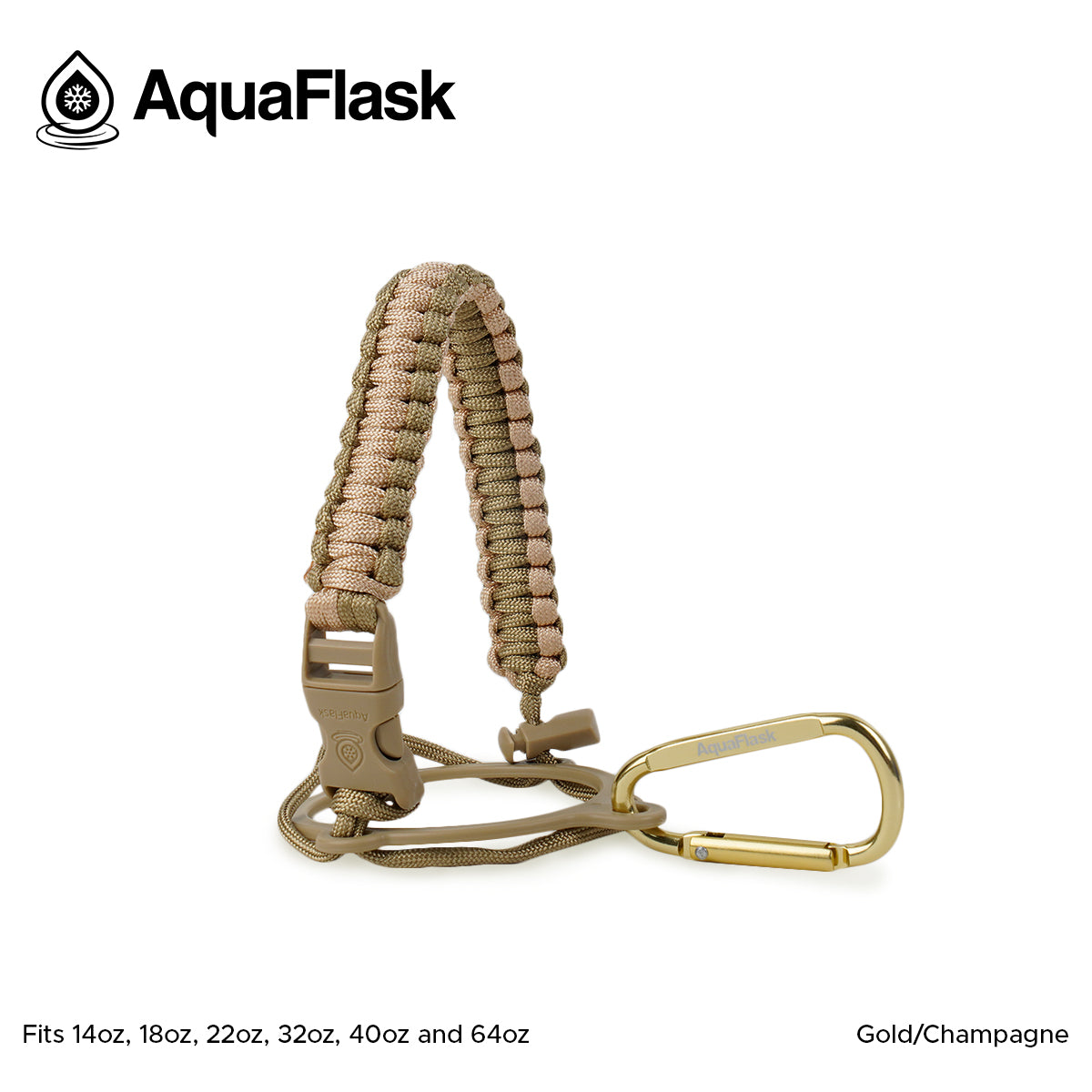 Accesorio de asa de paracord Aquaflask presentado sobre un fondo blanco con el logotipo de Aquaflask. El accesorio está fabricado con paracord firmemente tejido que forma un asa corta. Incluye una hebilla plástica de liberación lateral, un lazo ajustable que se coloca alrededor del cuello de la botella y un mosquetón metálico negro para su sujeción. El producto está etiquetado como compatible con botellas Aquaflask de 14 oz, 18 oz, 22 oz, 32 oz, 40 oz y 64 oz.
