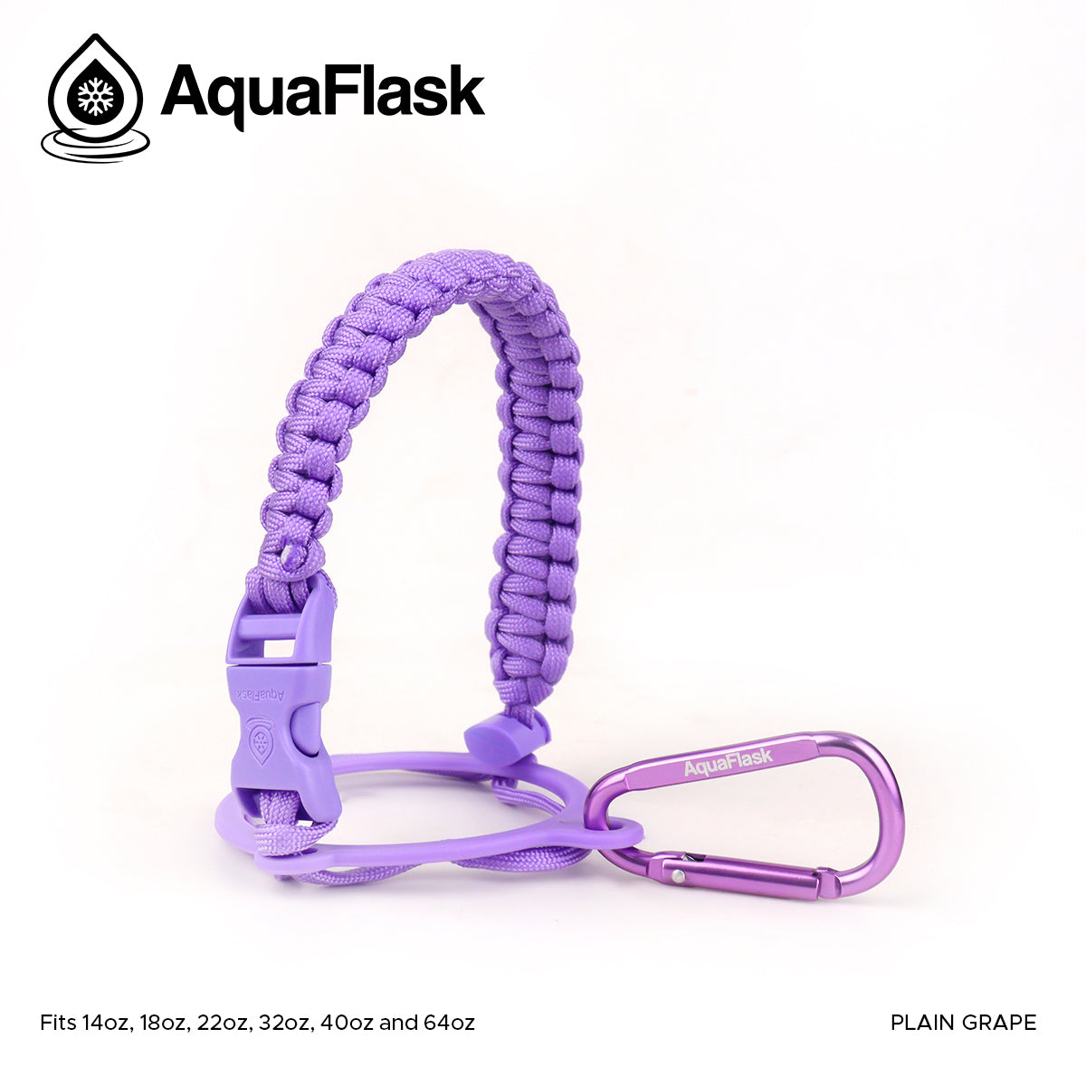 Accesorio de asa de paracord Aquaflask presentado sobre un fondo blanco con el logotipo de Aquaflask. El accesorio está fabricado con paracord firmemente tejido que forma un asa corta. Incluye una hebilla plástica de liberación lateral, un lazo ajustable que se coloca alrededor del cuello de la botella y un mosquetón metálico negro para su sujeción. El producto está etiquetado como compatible con botellas Aquaflask de 14 oz, 18 oz, 22 oz, 32 oz, 40 oz y 64 oz.