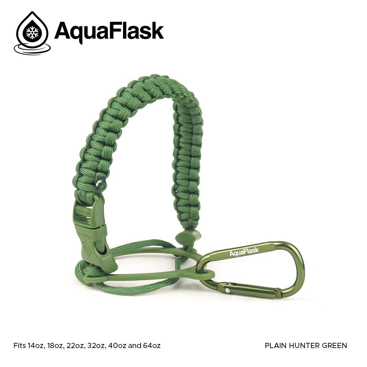 Accesorio de asa de paracord Aquaflask presentado sobre un fondo blanco con el logotipo de Aquaflask. El accesorio está fabricado con paracord firmemente tejido que forma un asa corta. Incluye una hebilla plástica de liberación lateral, un lazo ajustable que se coloca alrededor del cuello de la botella y un mosquetón metálico negro para su sujeción. El producto está etiquetado como compatible con botellas Aquaflask de 14 oz, 18 oz, 22 oz, 32 oz, 40 oz y 64 oz.
