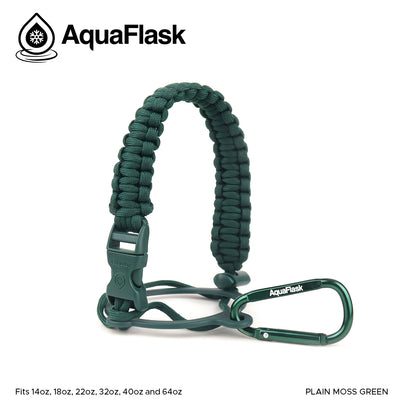 Accesorio de asa de paracord Aquaflask presentado sobre un fondo blanco con el logotipo de Aquaflask. El accesorio está fabricado con paracord firmemente tejido que forma un asa corta. Incluye una hebilla plástica de liberación lateral, un lazo ajustable que se coloca alrededor del cuello de la botella y un mosquetón metálico negro para su sujeción. El producto está etiquetado como compatible con botellas Aquaflask de 14 oz, 18 oz, 22 oz, 32 oz, 40 oz y 64 oz.