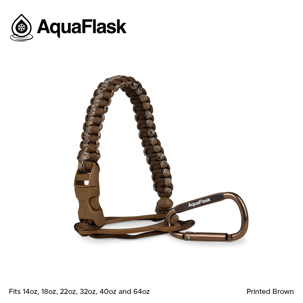 Accesorio de asa de paracord Aquaflask presentado sobre un fondo blanco con el logotipo de Aquaflask. El accesorio está fabricado con paracord firmemente tejido que forma un asa corta. Incluye una hebilla plástica de liberación lateral, un lazo ajustable que se coloca alrededor del cuello de la botella y un mosquetón metálico negro para su sujeción. El producto está etiquetado como compatible con botellas Aquaflask de 14 oz, 18 oz, 22 oz, 32 oz, 40 oz y 64 oz.