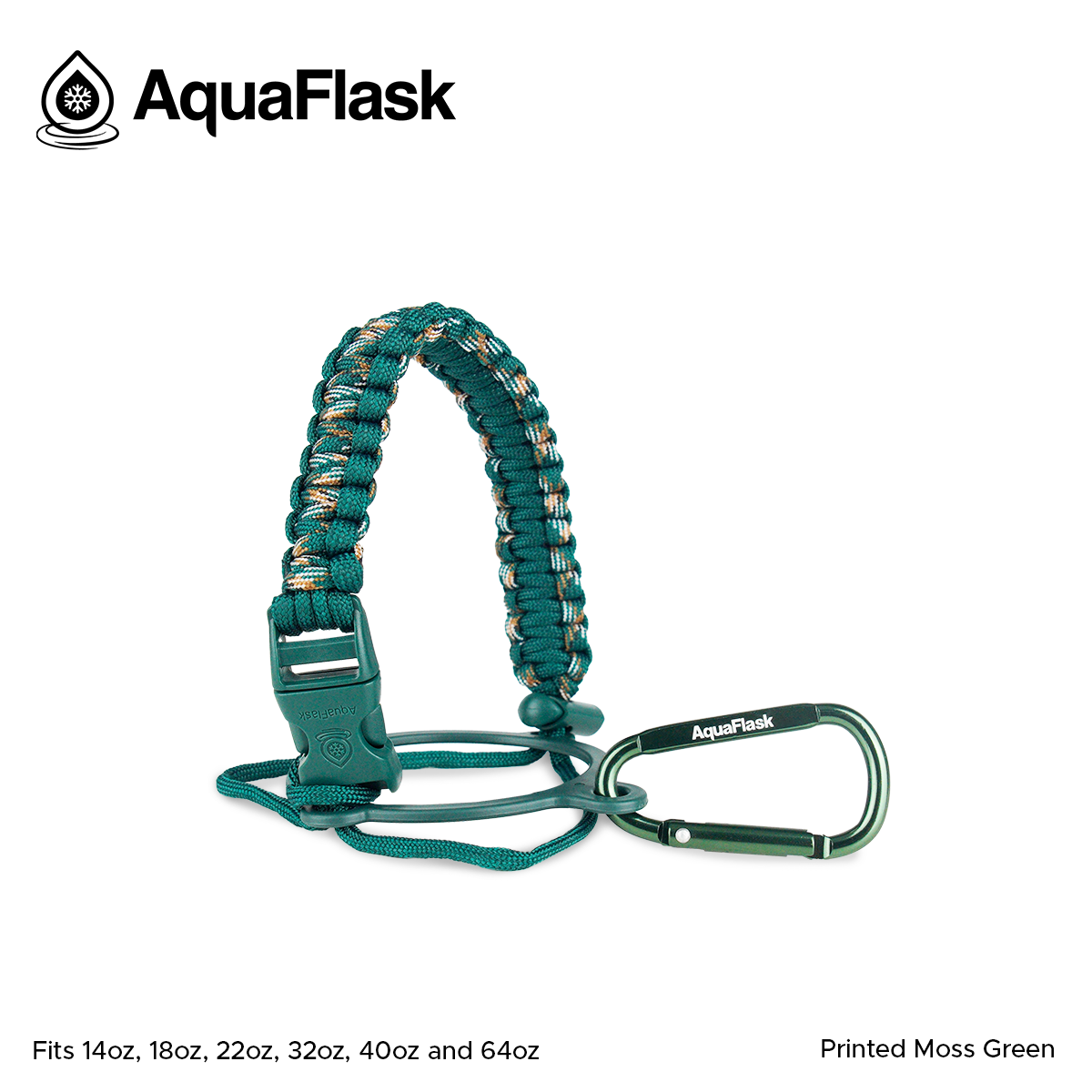 Accesorio de asa de paracord Aquaflask presentado sobre un fondo blanco con el logotipo de Aquaflask. El accesorio está fabricado con paracord firmemente tejido que forma un asa corta. Incluye una hebilla plástica de liberación lateral, un lazo ajustable que se coloca alrededor del cuello de la botella y un mosquetón metálico negro para su sujeción. El producto está etiquetado como compatible con botellas Aquaflask de 14 oz, 18 oz, 22 oz, 32 oz, 40 oz y 64 oz.