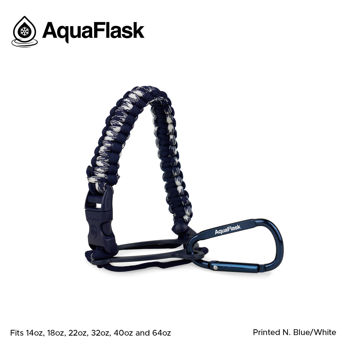 Accesorio de asa de paracord Aquaflask presentado sobre un fondo blanco con el logotipo de Aquaflask. El accesorio está fabricado con paracord firmemente tejido que forma un asa corta. Incluye una hebilla plástica de liberación lateral, un lazo ajustable que se coloca alrededor del cuello de la botella y un mosquetón metálico negro para su sujeción. El producto está etiquetado como compatible con botellas Aquaflask de 14 oz, 18 oz, 22 oz, 32 oz, 40 oz y 64 oz.