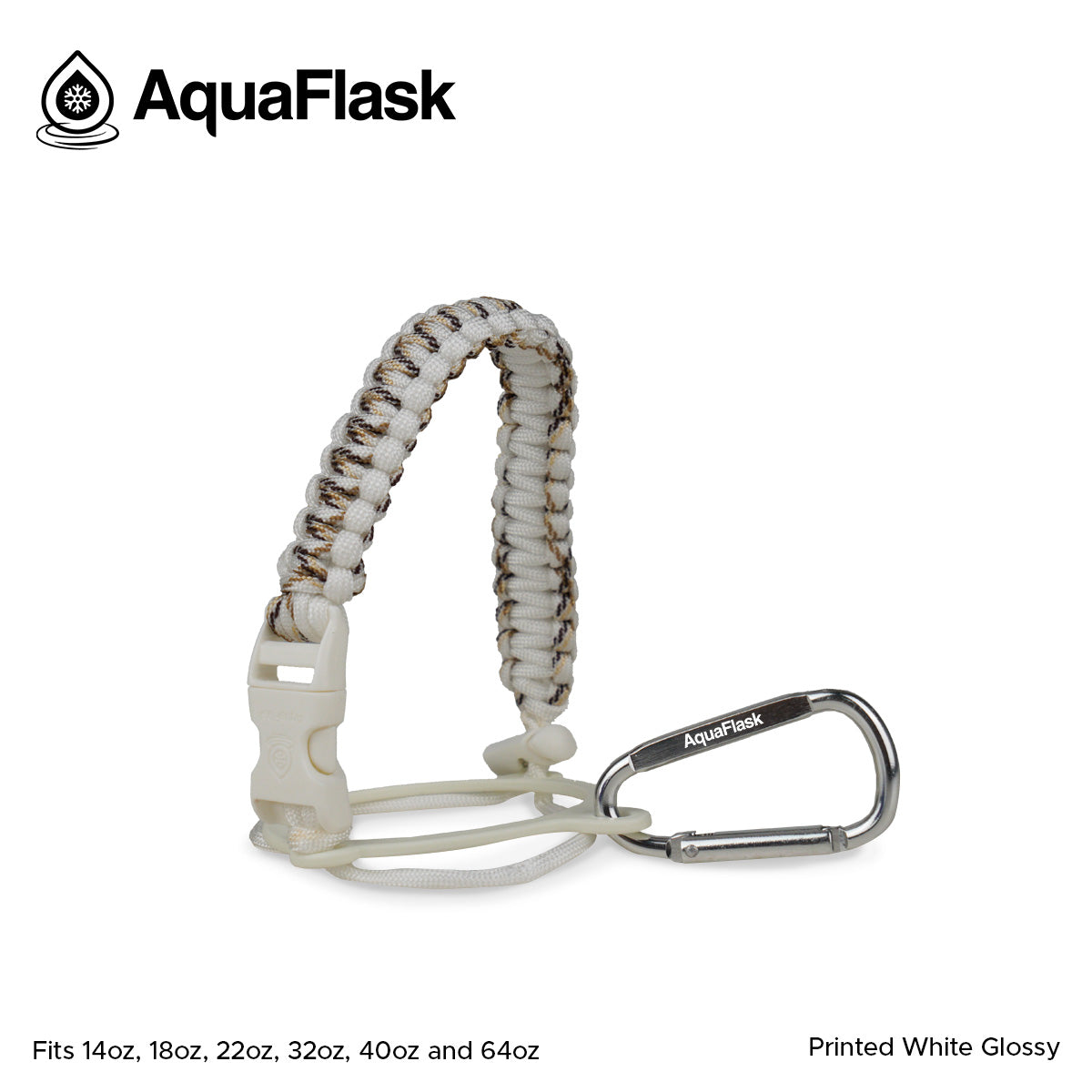 Accesorio de asa de paracord Aquaflask presentado sobre un fondo blanco con el logotipo de Aquaflask. El accesorio está fabricado con paracord firmemente tejido que forma un asa corta. Incluye una hebilla plástica de liberación lateral, un lazo ajustable que se coloca alrededor del cuello de la botella y un mosquetón metálico negro para su sujeción. El producto está etiquetado como compatible con botellas Aquaflask de 14 oz, 18 oz, 22 oz, 32 oz, 40 oz y 64 oz.