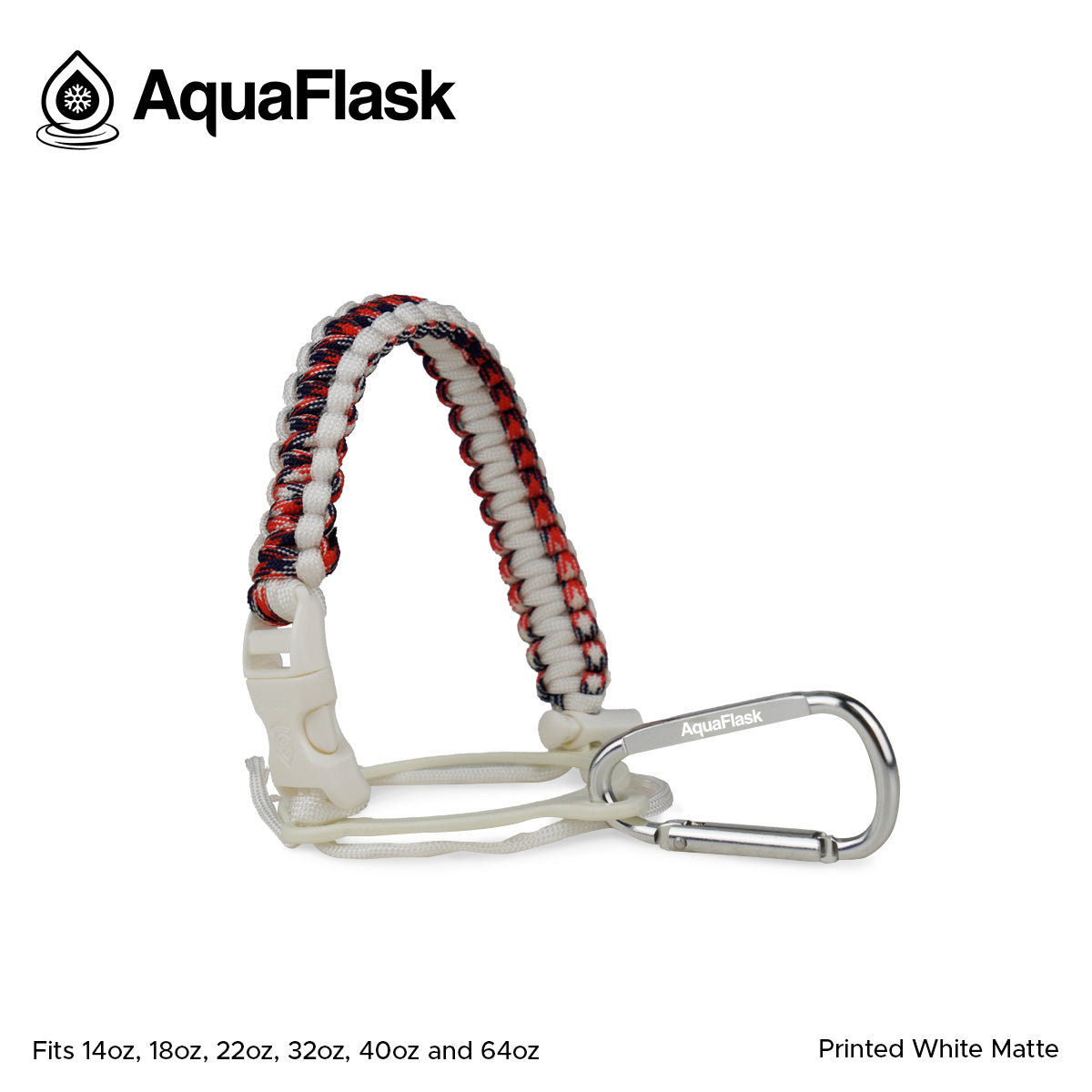 Accesorio de asa de paracord Aquaflask presentado sobre un fondo blanco con el logotipo de Aquaflask. El accesorio está fabricado con paracord firmemente tejido que forma un asa corta. Incluye una hebilla plástica de liberación lateral, un lazo ajustable que se coloca alrededor del cuello de la botella y un mosquetón metálico negro para su sujeción. El producto está etiquetado como compatible con botellas Aquaflask de 14 oz, 18 oz, 22 oz, 32 oz, 40 oz y 64 oz.