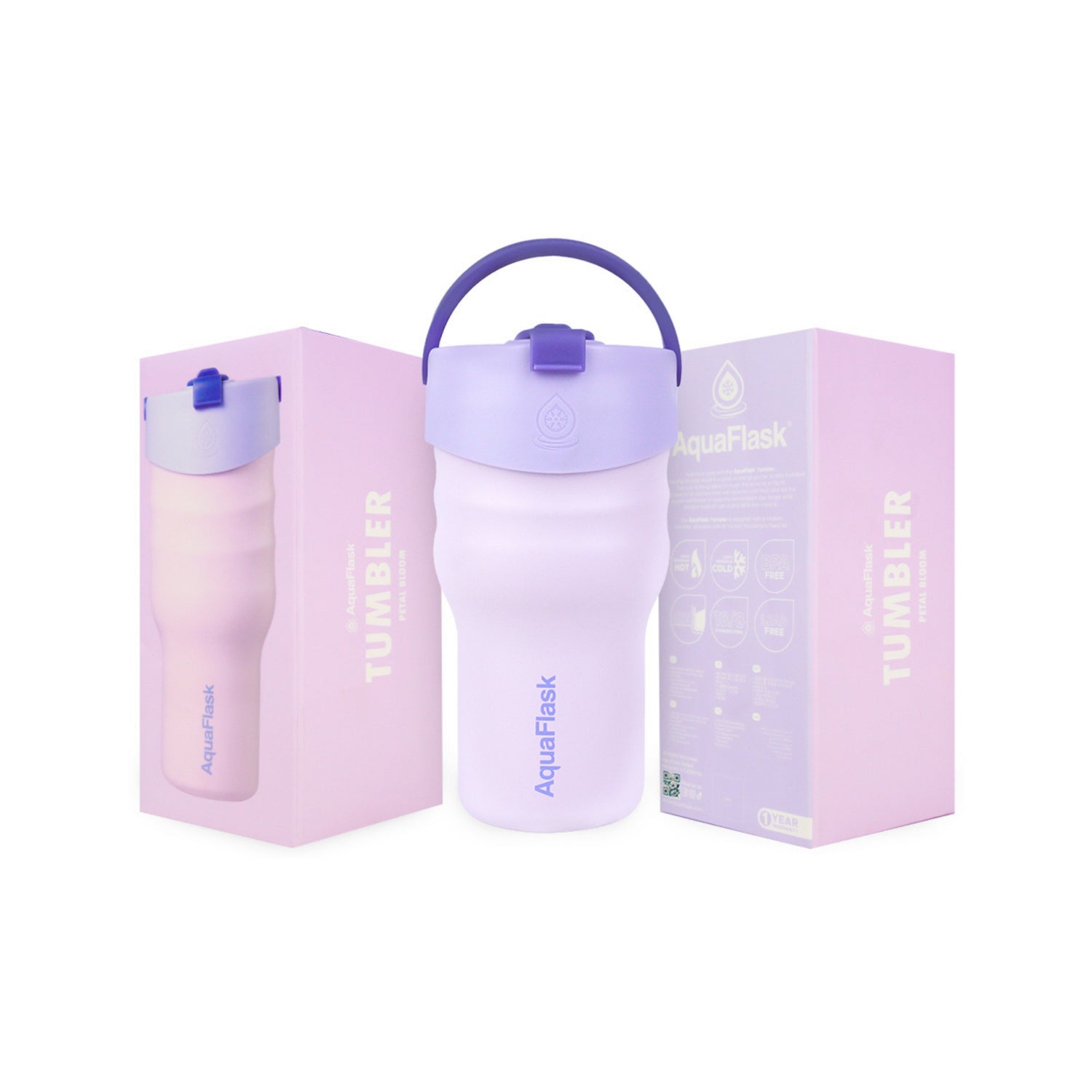 Vaso térmico de acero inoxidable con aislamiento de la colección Tumbler de AquaFlask en color Petal Bloom, con acabado mate, tapa con asa y cuerpo cilíndrico, fotografiado sobre fondo blanco