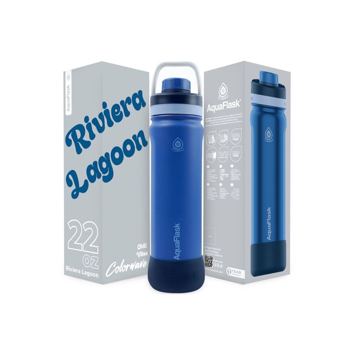 Botella de agua de acero inoxidable con aislamiento de la colección Colorwave de AquaFlask en color  Riviera Lagoon con acabado degradado suave, tapa de rosca con asa de transporte y base de silicona, fotografiada sobre fondo blanco