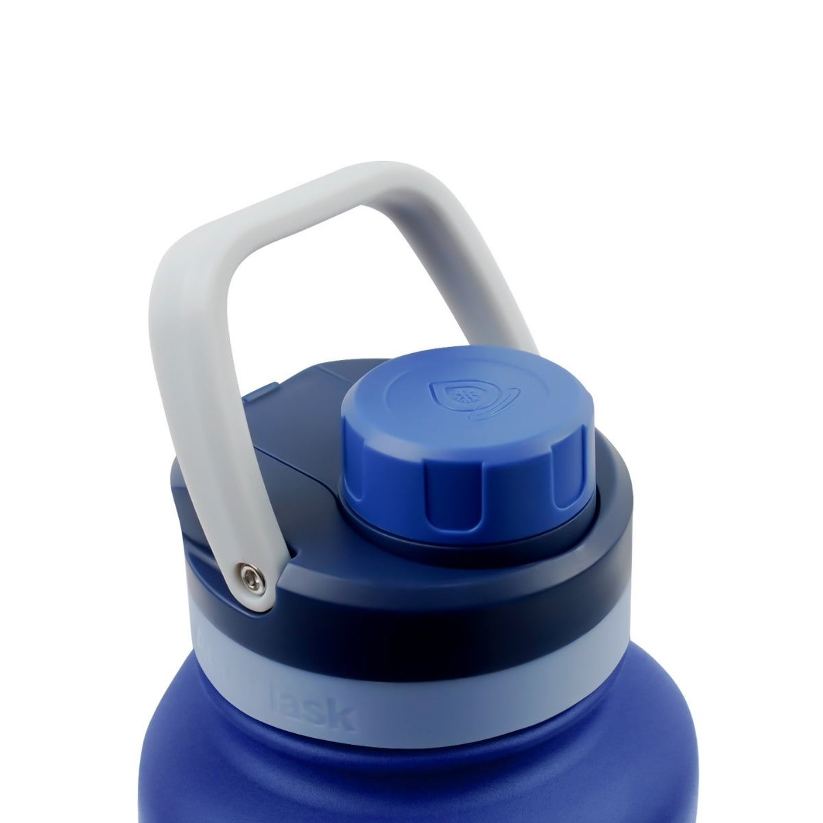 Botella de agua de acero inoxidable con aislamiento de la colección Colorwave de AquaFlask en color  Riviera Lagoon con acabado degradado suave, tapa de rosca con asa de transporte y base de silicona, fotografiada sobre fondo blanco