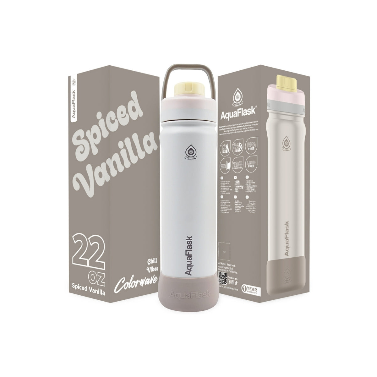 Botella de agua de acero inoxidable con aislamiento de la colección Colorwave de AquaFlask en color  Spiced Vanilla con acabado degradado suave, tapa de rosca con asa de transporte y base de silicona, fotografiada sobre fondo blanco