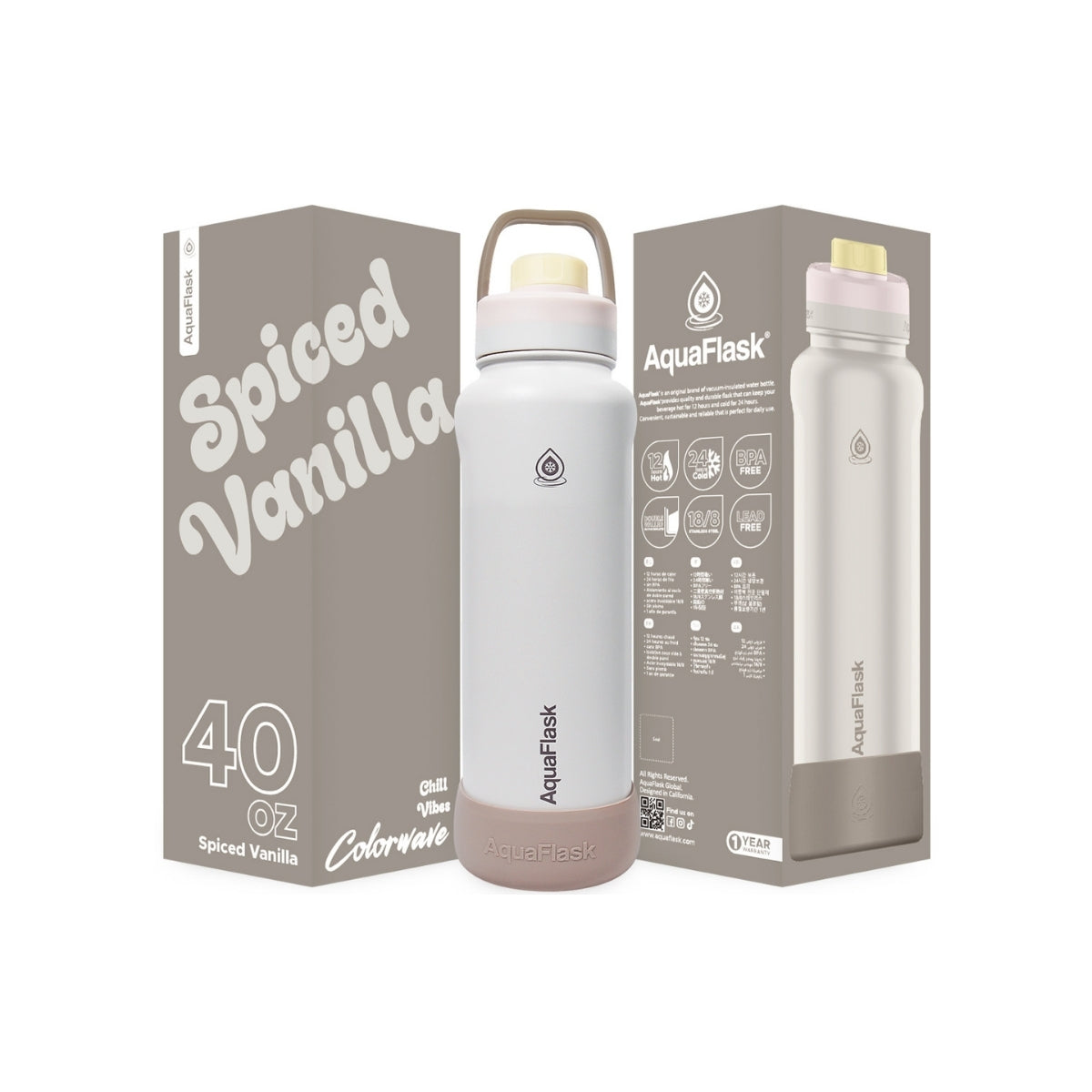 Botella de agua de acero inoxidable con aislamiento de la colección Colorwave de AquaFlask en color  Spiced Vanilla con acabado degradado suave, tapa de rosca con asa de transporte y base de silicona, fotografiada sobre fondo blanco