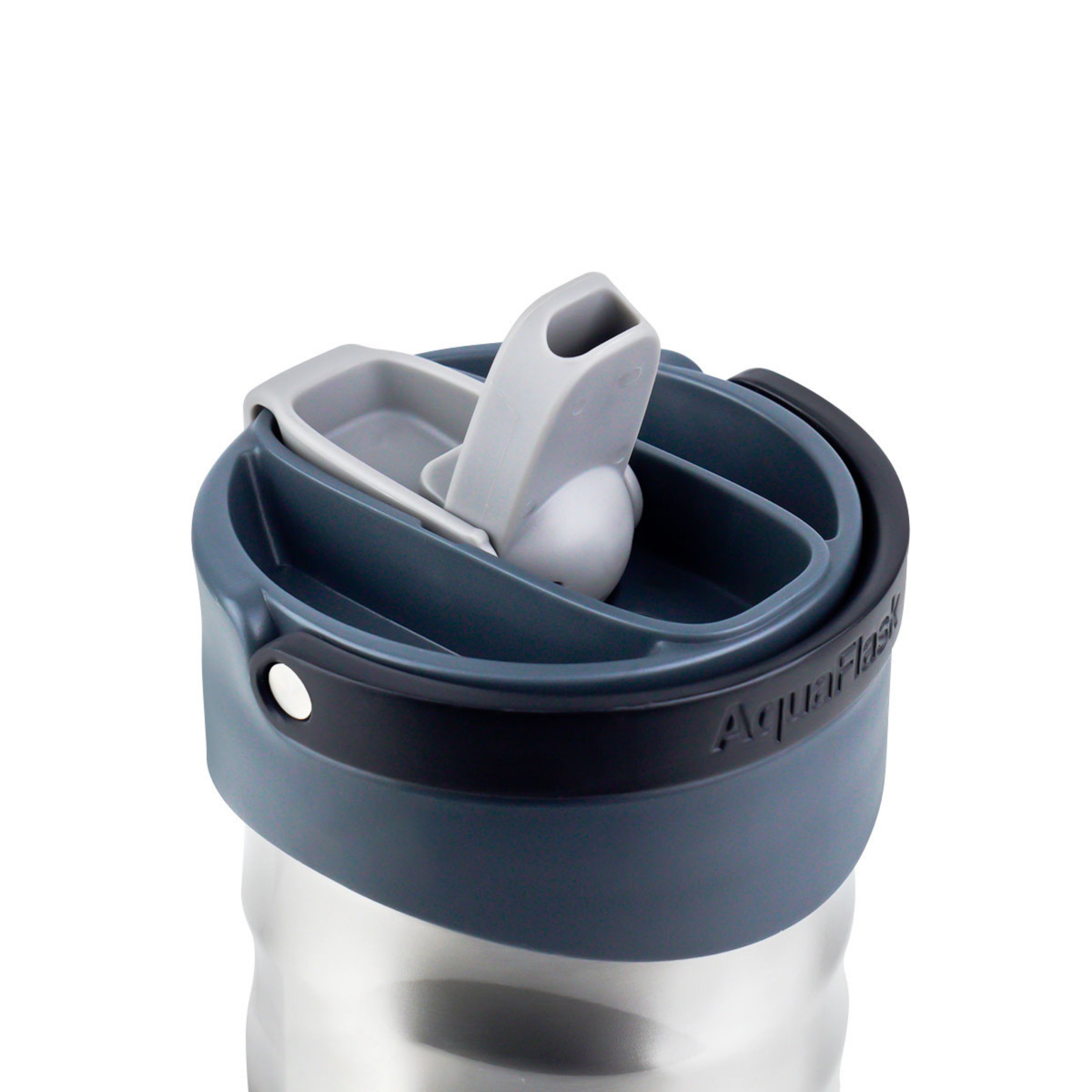 Vaso térmico de acero inoxidable con aislamiento de la colección Tumbler de AquaFlask en color Subzero, con acabado mate, tapa con asa y cuerpo cilíndrico, fotografiado sobre fondo blanco