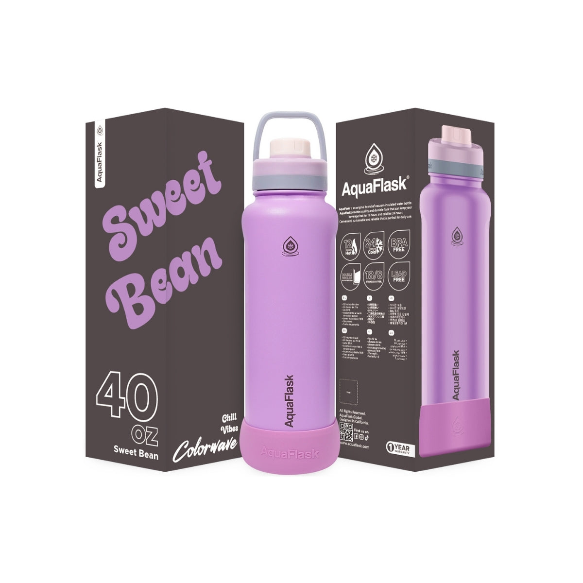 Botella de agua de acero inoxidable con aislamiento de la colección Colorwave de AquaFlask en color  Sweet Bean con acabado degradado suave, tapa de rosca con asa de transporte y base de silicona, fotografiada sobre fondo blanco