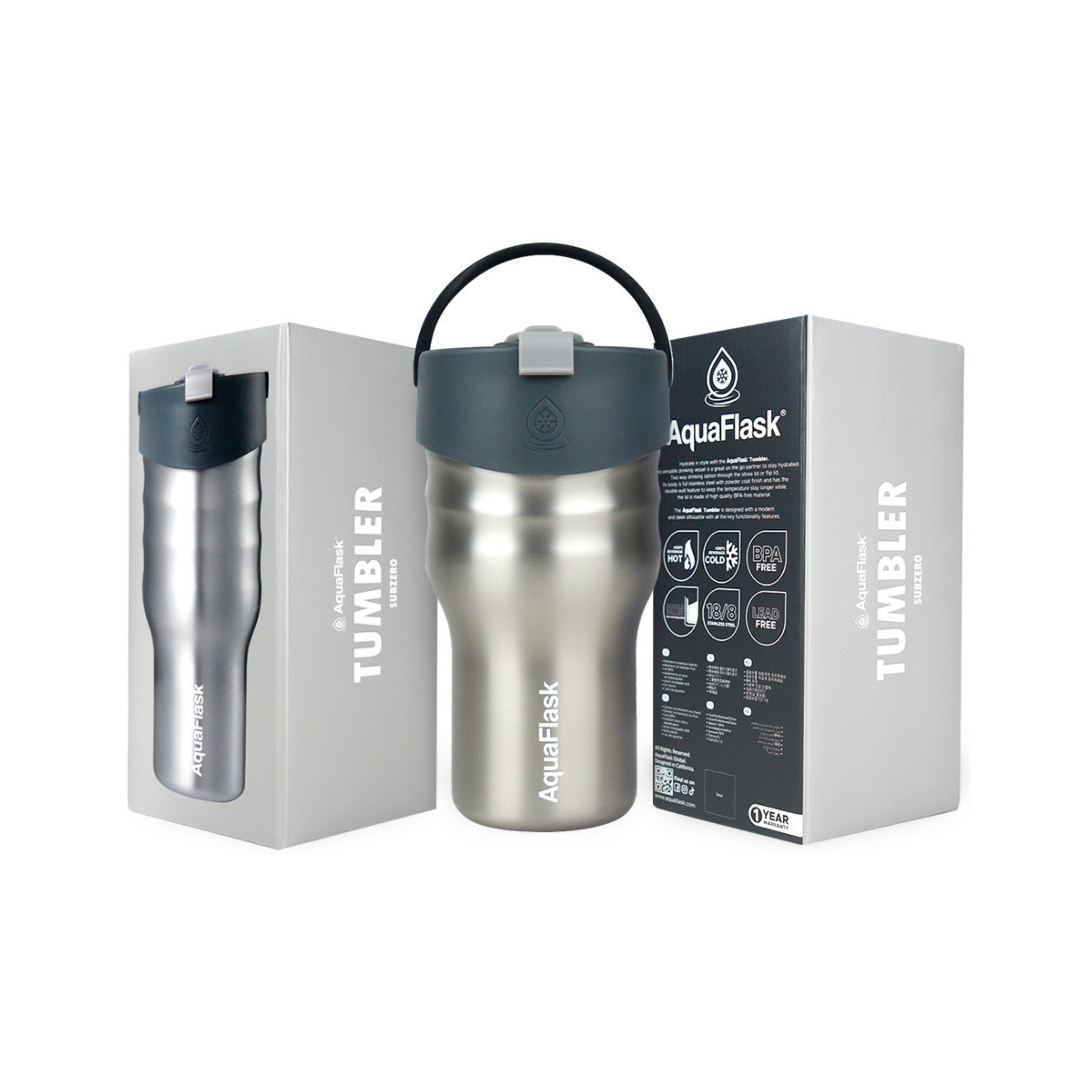 Vaso térmico de acero inoxidable con aislamiento de la colección Tumbler de AquaFlask en color Subzero, con acabado mate, tapa con asa y cuerpo cilíndrico, fotografiado sobre fondo blanco