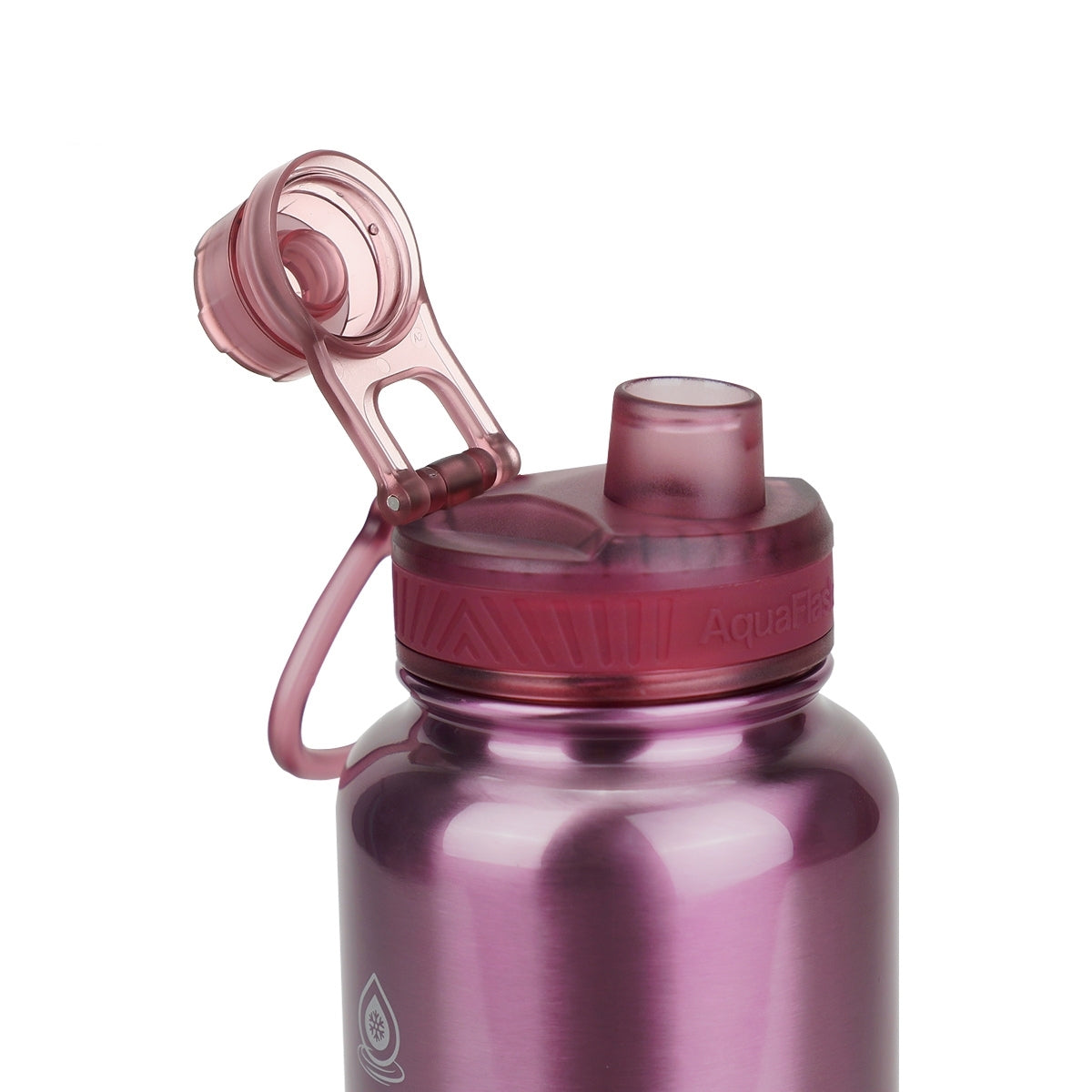 Botella de agua de acero inoxidable con aislamiento de la colección Terra de AquaFlask en color Wonderland Bliss, con acabado liso y brillante, tapa de rosca con asa de transporte y base de silicona, fotografiada sobre fondo blanco