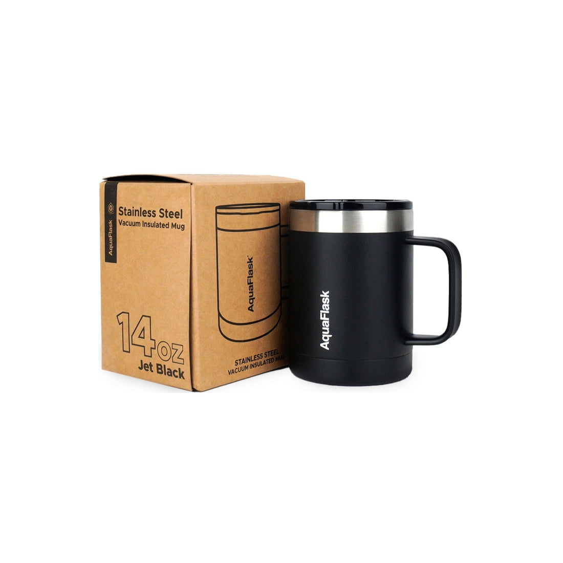 Taza térmica AquaFlask en color Jet Black con acabado negro mate suave, borde de acero inoxidable, asa ergonómica y tapa antiderrames, fotografiada sobre fondo blanco