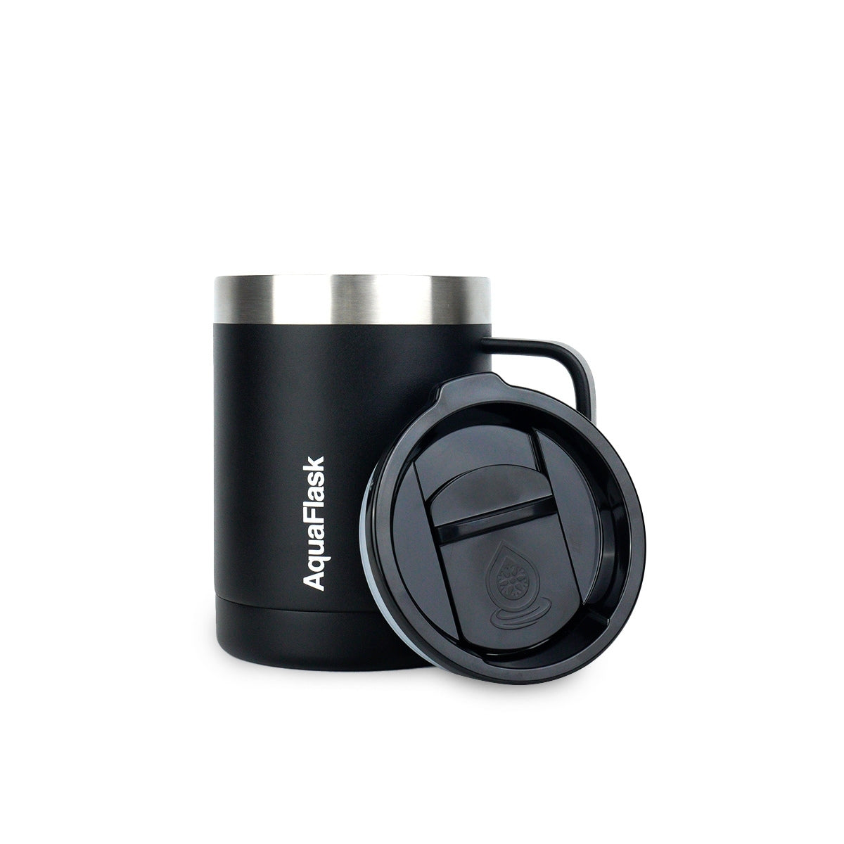Taza térmica AquaFlask en color Jet Black con acabado negro mate suave, borde de acero inoxidable, asa ergonómica y tapa antiderrames, fotografiada sobre fondo blanco