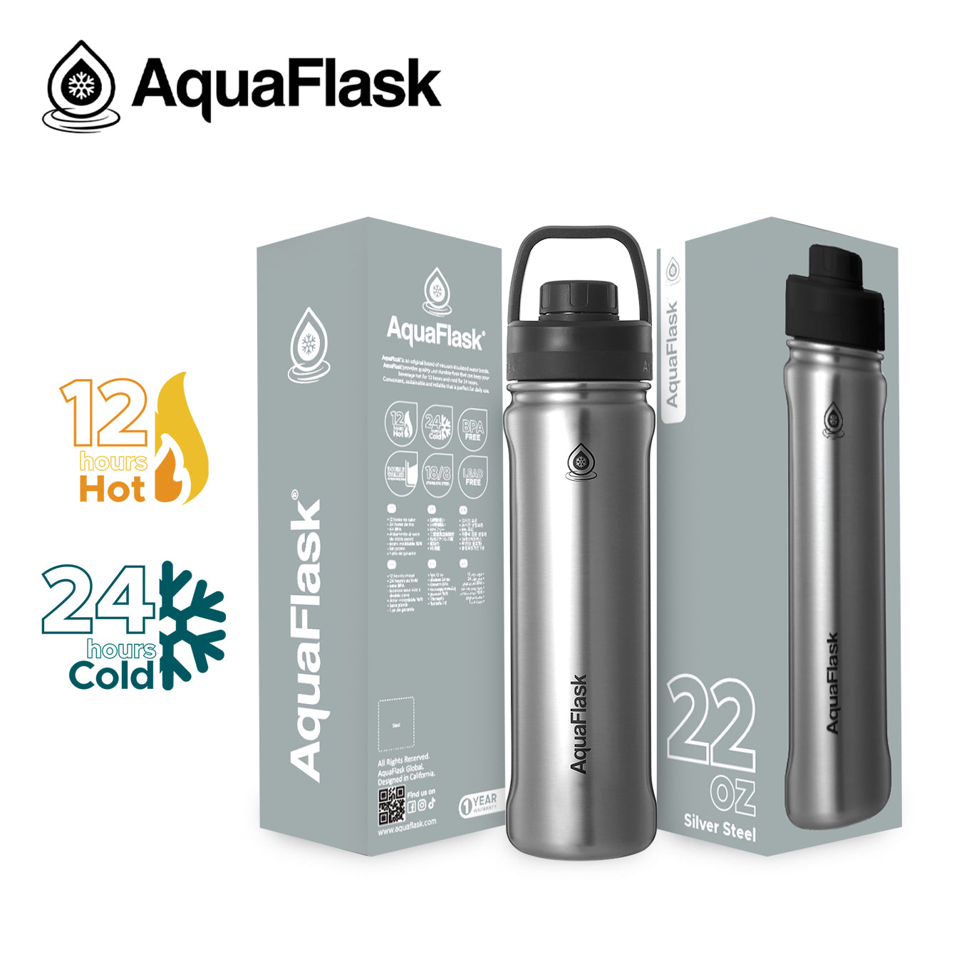 AQUAFLASK 22oz NEW ORIGINAL COLLECTION - SILVER STEEL